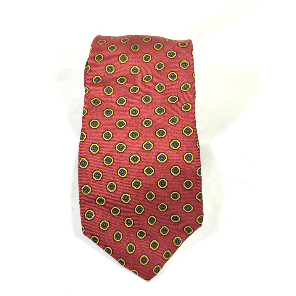 Brooks Brothers BrickRed Silk Medallion Tie  Navy‎ & Yellow Accents 59" x3.75"